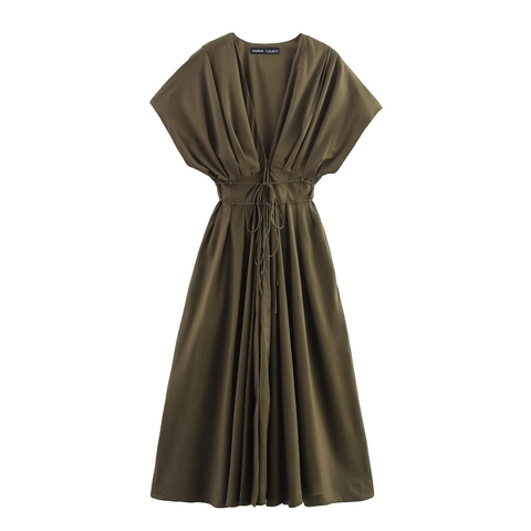 Elegantes Plissiertes Baumwoll Midikleid Tiefer V-Ausschnitt Kurzarm Bindegürtel A-Linie Einfarbig Sommer Damen Kleid