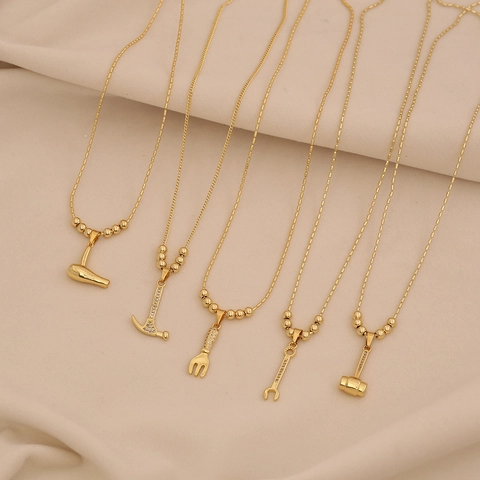 Tool Pendant Necklace Copper Gold Plated With Rhinestone Hammer Wrench Fork Hairdryer Shape Personality Jewelry For Women