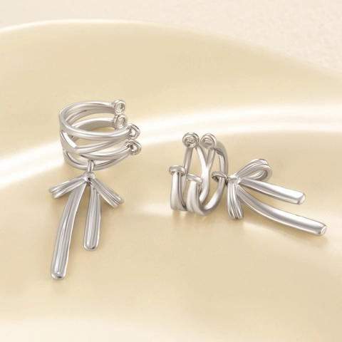 Orecchino A Clip Fiocco Rame Zircone Senza Buco Nastro Nappa Strati Multipli Colore Argento Dolce Gioielli Donna
