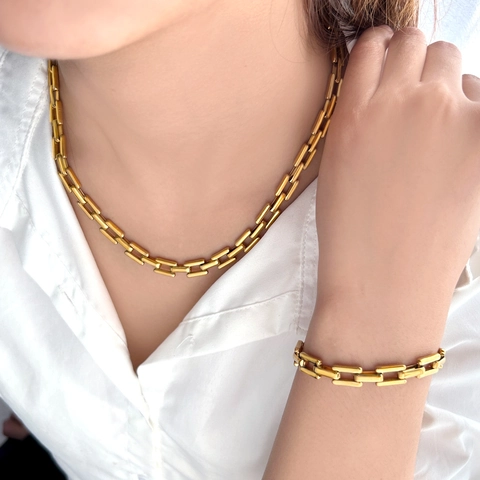 Square Box Link Chain Necklace And Bracelet Stainless Steel Punk Industrial Style Fashion Accessory For Men Women