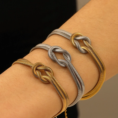 Knot Snake Chain Bracelet 18K Gold Plated Stainless Steel Double Row Adjustable Heart Knot Fashion Jewelry For Women