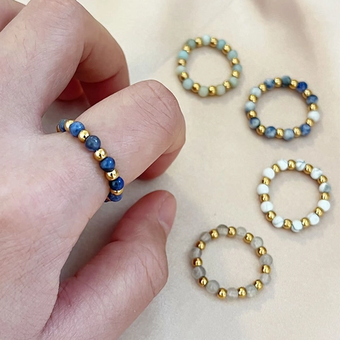 Handmade Natural Stone Beaded Ring Stainless Steel Gold Beads Stretch Elastic Minimalist Boho Jewelry For Women