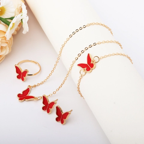 Legering Emaille Vlinder Ketting Armband Verstelbare Ring Oorknopjes Elegante Mode Sieraden Cadeau Vrouwen