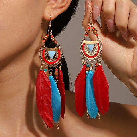 Bohemian Alloy Feather Earrings For Women Ethnic Long Tassel Drop Earrings With Wood Beads Handmade Jewelry