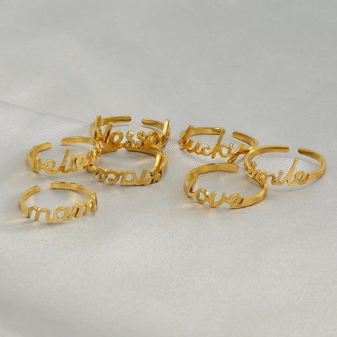 Verstelbare Open Ring Van Roestvrij Staal 18K Verguld Engels Script Letter Woord Ontwerp Sieraden
