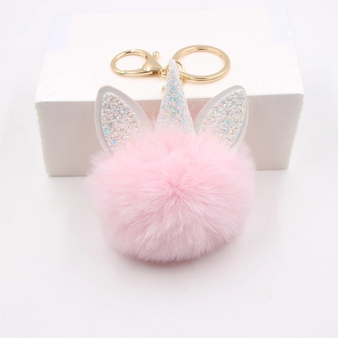 Schattige Eenhoorn Kunstbont Pompon Sleutelhanger Voor Vrouwen Glitter Eenhoorn Hoorn Pluche Bal Tas Charm Sleutelring Cadeau