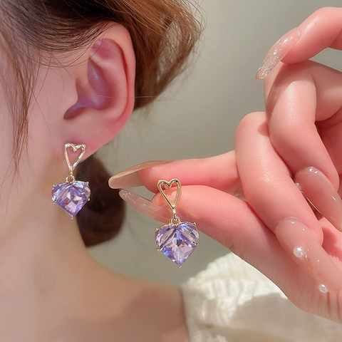 Heart Dangle Earrings With Silver Earring Post Alloy Zircon Simple Elegant High-End Style Jewelry For Women