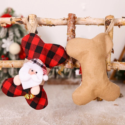 Christmas Dog Bone Stocking Burlap Plaid Fabric Santa Snowman Hanging Ornament Tree Decoration With Golden Metal Bells