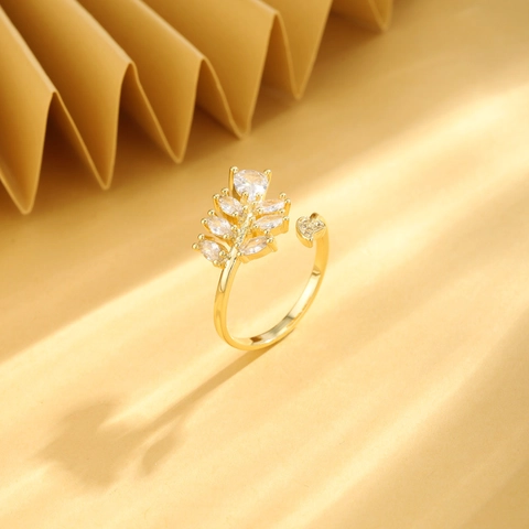 Anillo Abierto Con Forma De Hoja Cobre Con Micro Pavé De Circón Joyería De Moda Ajustable Para Mujeres Accesorios Elegantes