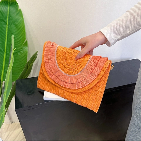Gewebte Stroh-Fransen-Umschlagtasche Boheme Strand-Umhängetasche Clutch Mit Kunstlederriemen