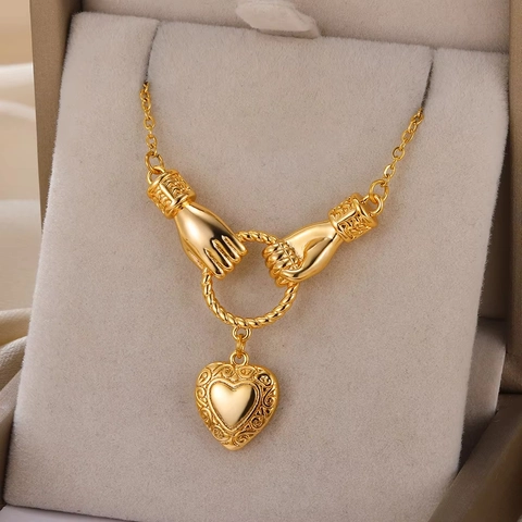 Collana con Ciondolo Vintage in Acciaio Inossidabile Placcato Oro Malocchio Cuore Croce Teschio Strass Mano di Fatima Ankh per Donna Uomo