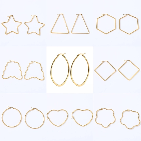 Orecchini a Cerchio in Acciaio Inossidabile Geometrici per Donna Vintage Placcati Oro Argento Stella Cuore Rombo Triangolo