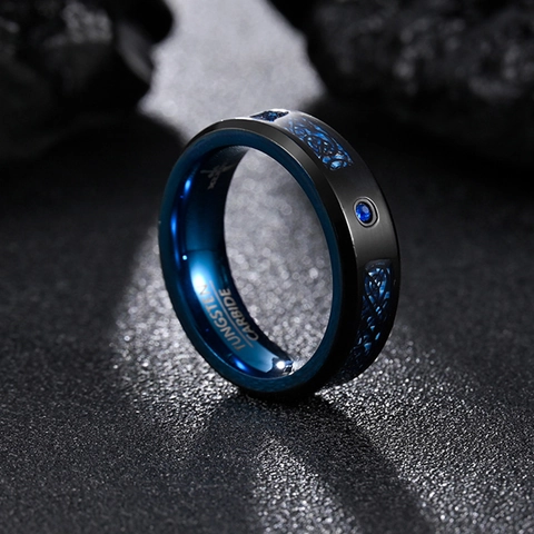 Bague Homme Vintage en Carbure de Tungstène avec Motif Dragon Celtique et Incrustation de Strass Bleu Anneau Noir Bleu