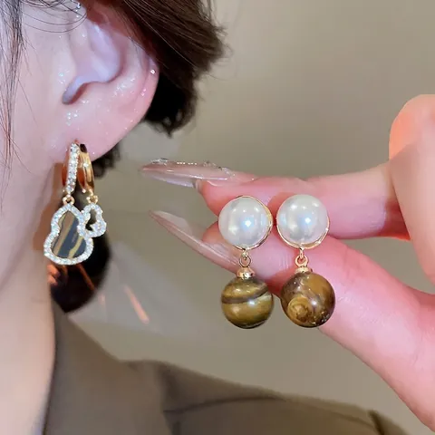 Tiger Eye Stone Pendant Earrings Vintage Gourd Design With Artificial Pearl And Zircon Micro Pave Silver Earring Post For Women