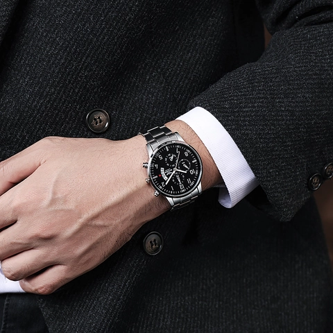 Men Quartz Watch With Alloy Steel Strap Calendar Date Display Business Casual Analog Round Dial Fashion Multi Function