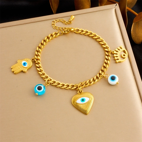 Evil Eye Charm Armband Edelstahl Vergoldet Hamsa Hand Herz Anhänger Boho Ethno Schmuck Für Damen