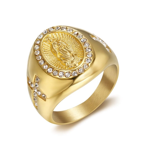 Stainless Steel Hip Hop Virgin Mary Portrait Ring Gold Silver Plated Rhinestone Cross Inlaid Men Ring Punk Jewelry