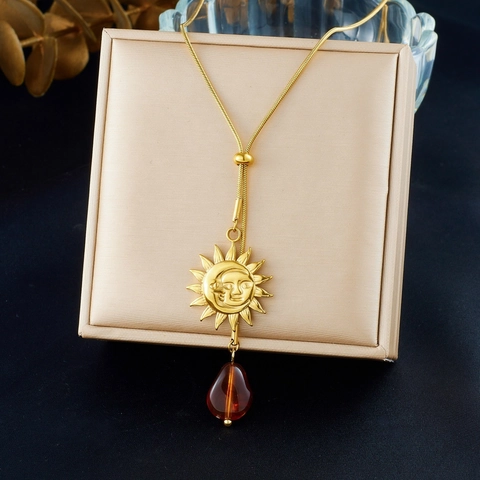 Collana In Acciaio Inossidabile Con Ciondolo Viso Sole Luna Perla In Resina Ambrata Catena A Serpente Oro Retrò Donna