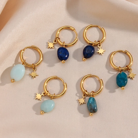 Natuursteen Achtpuntige Ster Hanger Hoop Oorbellen Roestvrij Staal Verguld Boheems Vintage Sieraden Voor Vrouwen