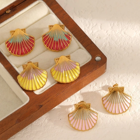 Scallop Shell Stud Earrings Gradient Colorful Enamel Stainless Steel Drip Oil Summer Ocean Style Jewelry Women