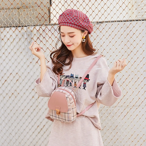 Mini Backpack Women PU Leather Plaid Patchwork Small Shoulder Bag Crossbody Multi Purpose Fashion Casual Girl