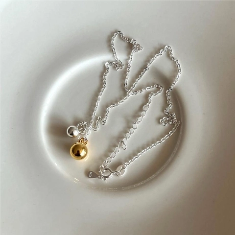 925 Sterling Silver Necklace With Two Tone Double Round Bead Pendant Minimalist Korean Style Jewelry For Women