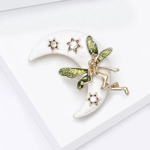 Enamel Alloy Fairy Moon Brooch For Women Gold White Rhinestone Star Inlaid Decorative Pin For Suit Sweater Jewelry