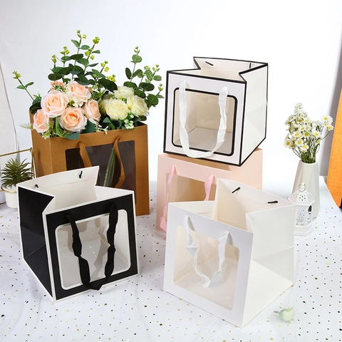 Square Gift Paper Bag With Clear Window And Handle Portable Flower Packaging Box For Wedding Birthday Party Favors