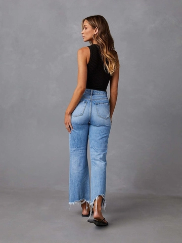 Jeans Larghi Strappati Da Donna Vita Alta Consumati Orlo Sfilacciato Pantaloni Flare Streetwear Blu Misto Cotone