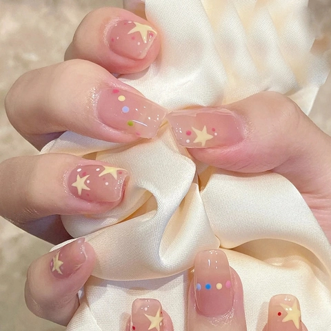 Rosa Stern Polka Dot Press On Nägel Süße Transparente Quadratische Runde Künstliche Nägel Für Frauen Mädchen