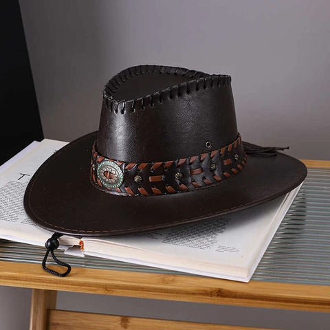 Retro Western Cowboy Hat PU Leather Wide Brim Braided Band Turquoise Concho Adjustable Windproof Rope For Men Women