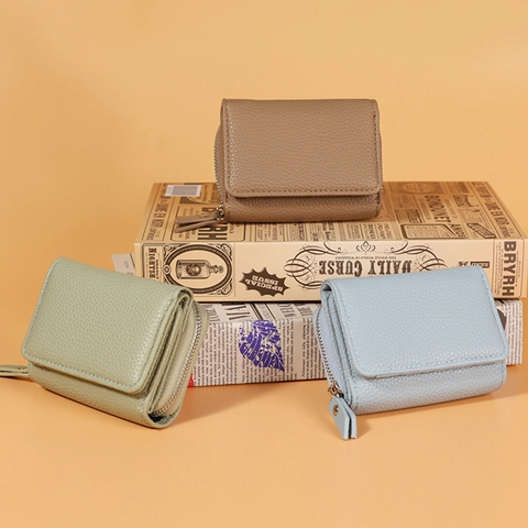 Cartera Corta Para Mujer Cuero PU Granulado Triple Pliegue Mini Monedero Tarjetero Estilo Japonés