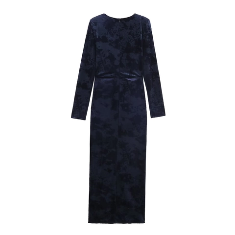 Elegant Velvet Maxi Dress Deep V Neck Long Sleeve High Slit Slim Fit Socialite Evening Party Navy Blue
