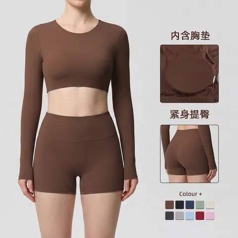 Women Long Sleeve Crop Top And High Waist Shorts Yoga Workout Apparel Nylon Spandex Padded Breathable Slim Fit Sportswear