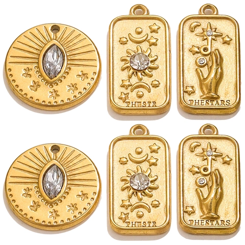 Colgantes Carta Tarot Acero Inoxidable Chapado Oro 18K Zirconia Charms Sol Estrella Palma Para Hacer Joyas DIY