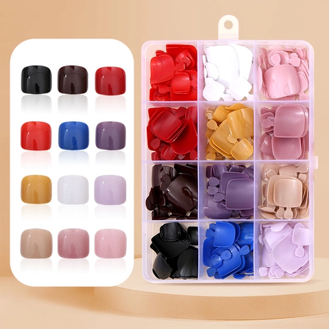 Faux Ongles de Pieds à Presser Multicolores Brillants Carrés Couleur Unie Couverture Complète pour Femmes Accessoire de Décoration Ongulaire DIY