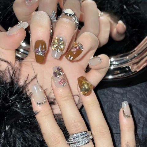 Handmade Press On Nails Long Coffin Brown Cream Bear Bow 3D Rhinestones Luxury Sweet Female Artificial Fingernails
