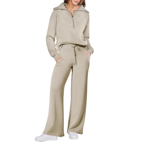 Completo Casual da Donna in Poliestere a Due Pezzi Felpa a Maniche Lunghe con Mezza Zip e Pantaloni a Gamba Larga Tuta Sportiva
