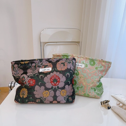 Neuchinesischer Stil Jacquard Kosmetiktasche Vintage Floral Make Up Organizer Canvas Futter Reise Reißverschluss Beutel