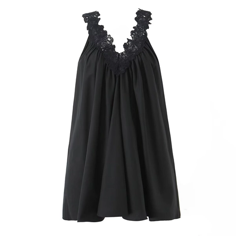 Women Satin Polyester Sleeveless Dress Lace Trim Deep V Neck Spaghetti Strap Elegant Solid Color Mini Dress