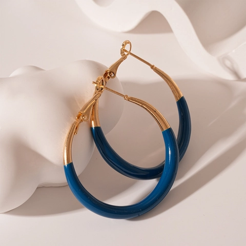 Orecchini A Cerchio Retro Geometrici A Forma Di C Placcati Oro Smalto Blu Con Perno In Argento