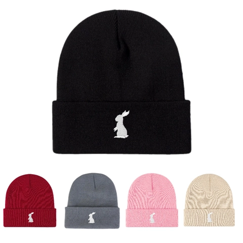 Berretto in Maglia di Acrilico Unisex Caldo Invernale Con Bordo Piegato Casual Con Ricamo di Coniglio Minimalista per Esterno
