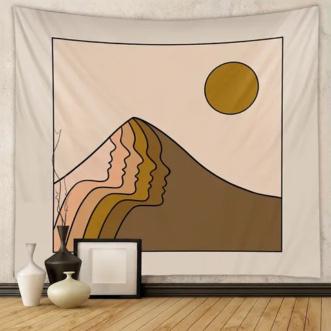 Tapiz De Pared Abstracto Caras Sol Montaña Poliéster Decoración Bohemia Minimalista Para Dormitorio Sala