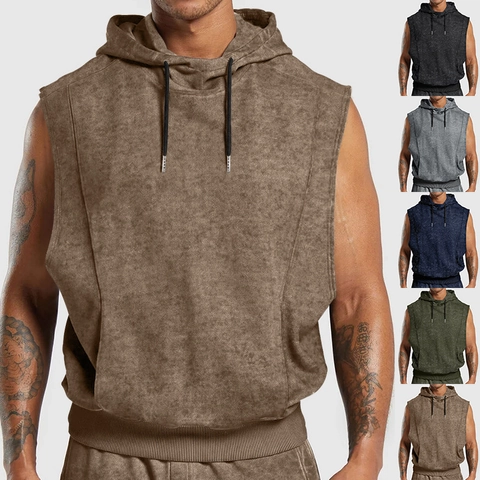 Herren Ärmelloses Kapuzenpullover Weste Stone Washed Acid Wash Distressed Baumwollmischung Streetwear Gym Top