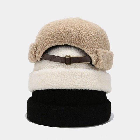 Sherpa Fleece Brimless Docker Hat Warm Winter Miki Cap With Adjustable Leather Strap Round Top Solid Color