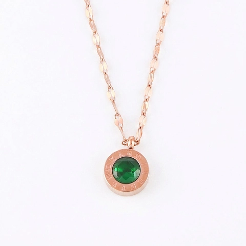 Collar de Pendentif de Acero de Titanio Oro Rosa Retro Con Vidrio Verde Esmeralda Números Romanos Dijes Redondo Mujer Joyería