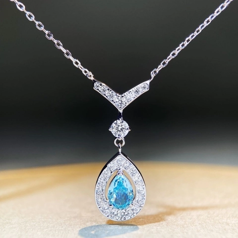 925 Sterling Silver Teardrop Aquamarine Pendant Necklace Elegant V Shape Rhinestone Chain For Women Jewelry Gift