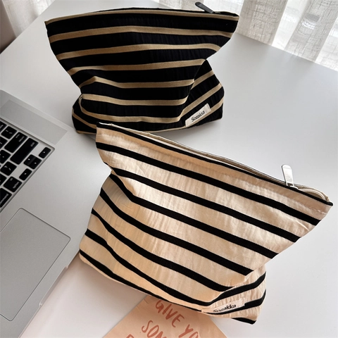 Bolsa De Cosméticos A Rayas De Gran Capacidad Lona Portátil Viaje Neceser Para Maquillaje Y Cuidado De La Piel Organizador