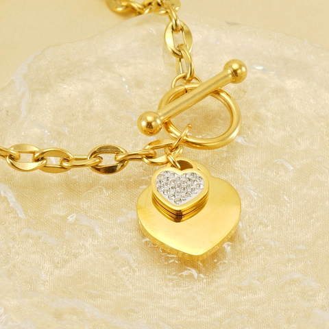 Bracciale Con Ciondolo A Doppio Cuore In Acciaio Inossidabile Placcato Oro 18K Con Zircone Chiusura OT Gioielli Donna