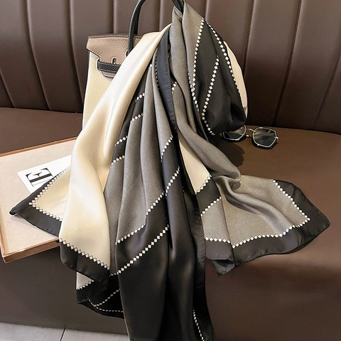 Large Faux Satin Scarf Shawl Geometric Color Block Pattern Elegant Soft Wrap For Women Winter Warm Fashion Accessory